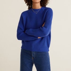 MANGO BLUE RIBBED COTTON-BLEND SWEATER , SIZE XS